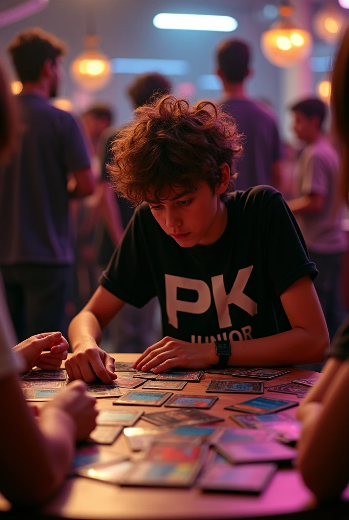 Teenager playing Yugioh cards in a crowded room. The teenager has a T-shirt with the image of Exodia The magnificent. portrait, cinematic lighting, dramatic lighting, warm color tones, dramatic colors
