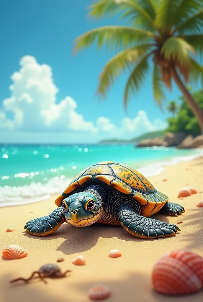 Sale, a little turtle, born on a sunny beach. Your parents and siblings are very loving, mas Sale é mais curiosa e aventureira do que os outros filhotes.