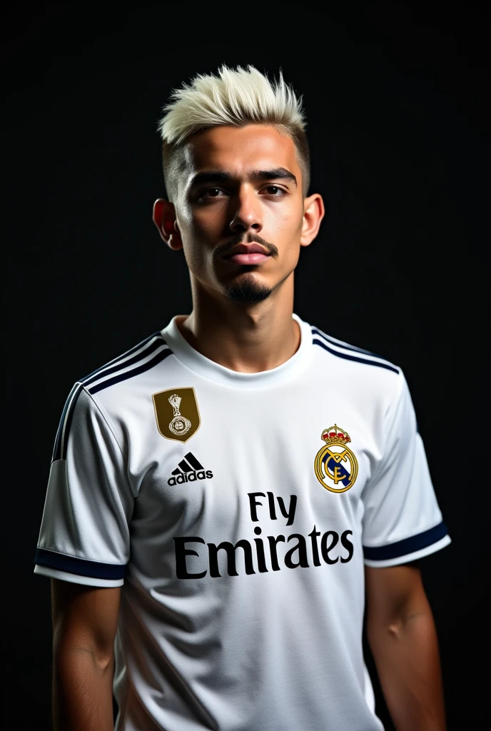 Make a football player with the Real Madrid shirt, young brazilian with white hair short haircut, Brazilian player, with a black background and with a goatee and mustache 