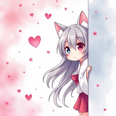 One Woman,Gray Hair,Cat ear,((Chibi Character)) Heterochromia iridis,Eye color,red,White kimono,Star Iris Background(Heart Background,Lots of hearts,pink,Watercolor style) Hiding in the wall,Please enter text in the bottom right corner of the fantasy image,A very popular font,