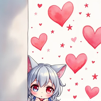 One Woman,Gray Hair,Cat ear,((Chibi Character)) Heterochromia iridis,Eye color,red,White kimono,Star Iris Background(Heart Background,Lots of hearts,pink,Watercolor style) Hiding in the wall,Please enter text in the bottom right corner of the fantasy image,A very popular font,