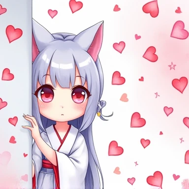 One Woman,Gray Hair,Cat ear,((Chibi Character)) Heterochromia iridis,Eye color,red,White kimono,Star Iris Background(Heart Background,Lots of hearts,pink,Watercolor style) Hiding in the wall,Please enter text in the bottom right corner of the fantasy image,A very popular font,