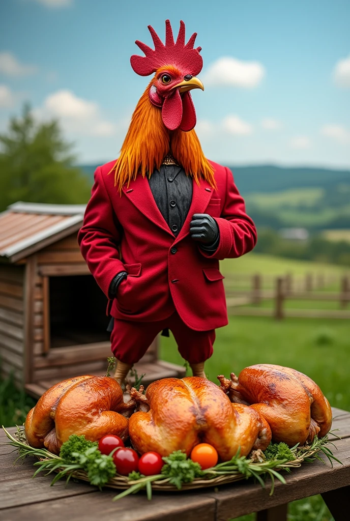 A rooster dressed in a red suit,  on top of a chicken coop, and below roasted chickens 
