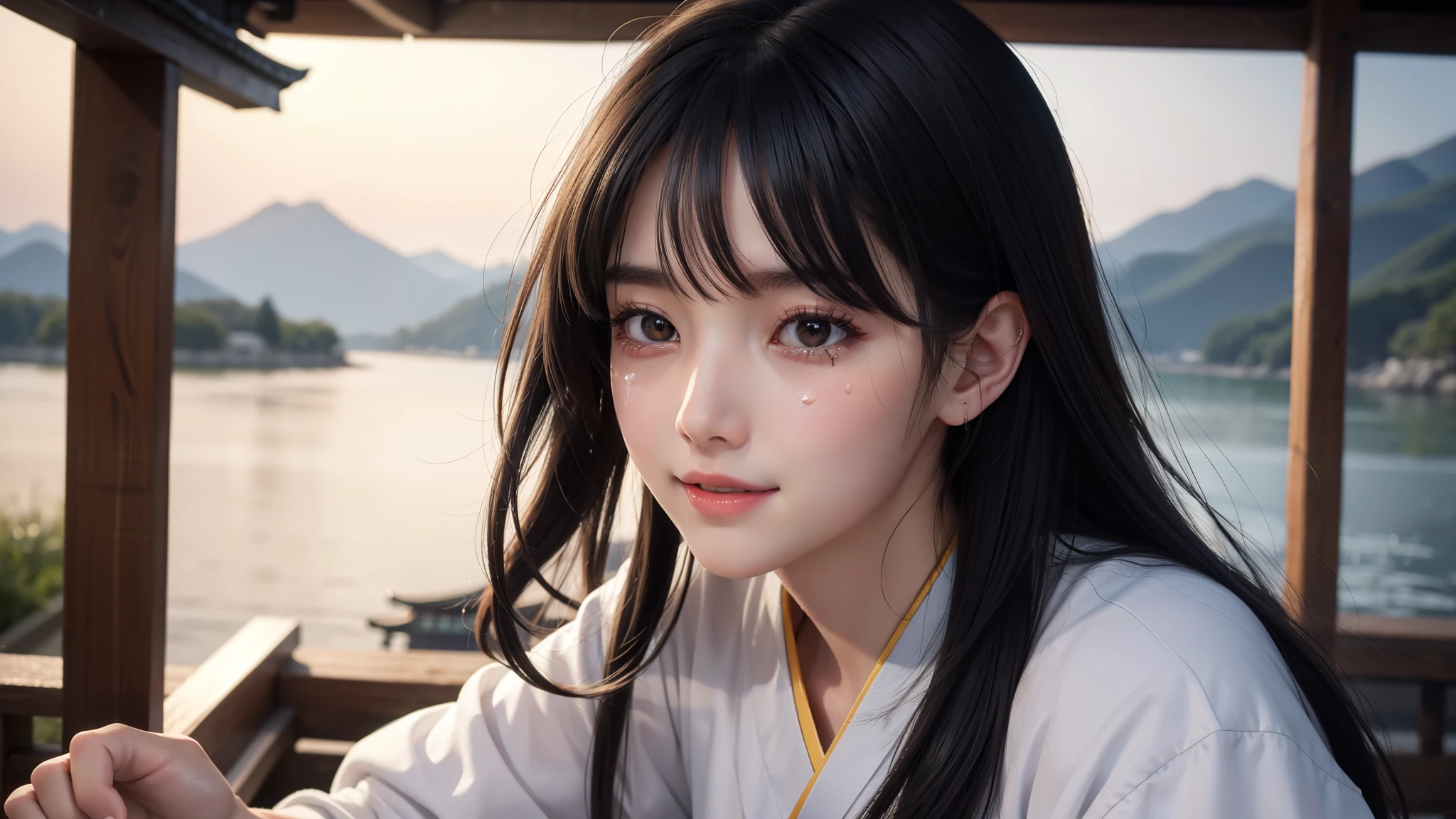 With open arms, Cute crying face, Laughs and Tears, 最high quality、high quality、Best image quality、8k、最High resolution、High resolution、temple, Realistic photos, Healthy body, Beautiful Eyes, Flowing black hair, Colorful kimono, Calm expression, Soft lighting, Traditional Japanese art style, Vibrant colors, Peaceful atmosphere, Delicate features, Graceful posture, Beautiful Landscape