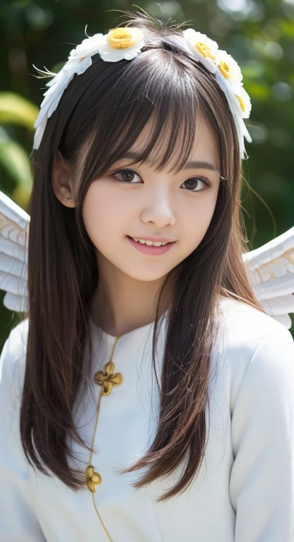 (top-quality、​masterpiece:1.2)、Best Quality、realisitic、photoshot、hight resolution、1080p、8K、Textured skin、Physical Rendering、1 Japan Girls、a 、kawaii、Young Face、Rolled hair、(White Angel Costume:1.5)、full of shyness、smil、Big