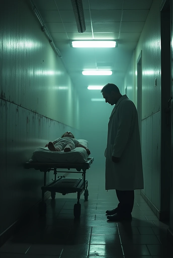 hospital with a dark aura in a surreal way, with a doctor and a  lying on a stretcher in the hallway