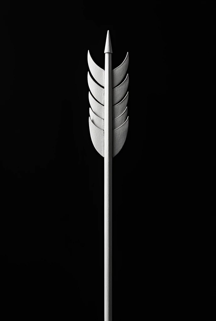 I want a simple image of a carved arrow with crescent feather tips crossing the screen from top to bottom vertically.. The white arrow as if drawn by graphite. Completely black background