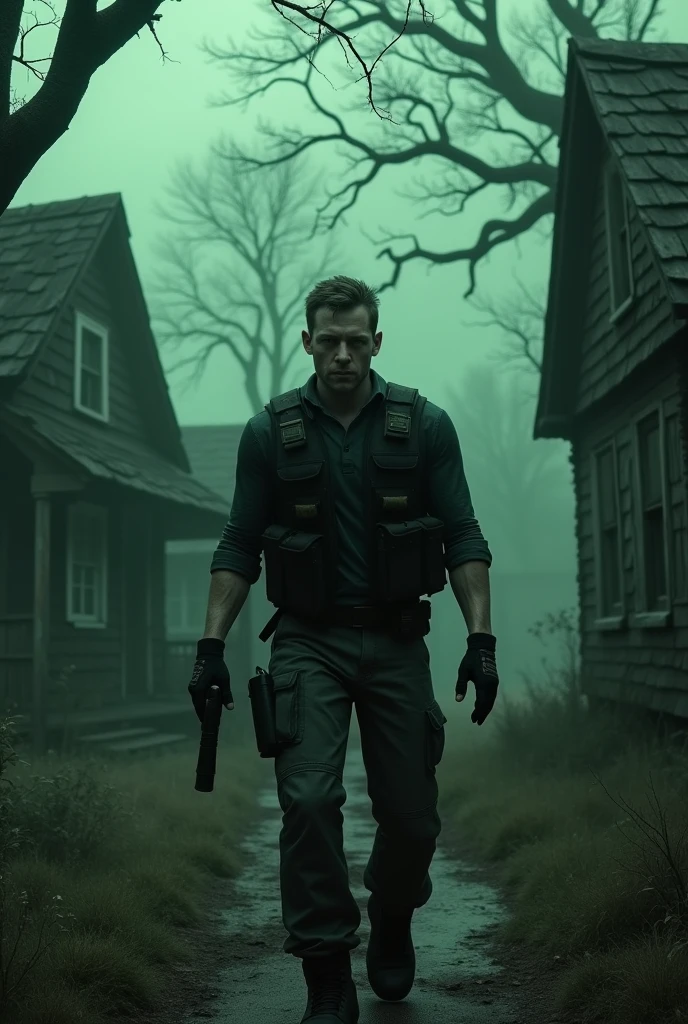 A realistic, highly detailed horror scene set in a distant, cursed village enveloped in a greenish, dark atmosphere. The lighting is dim, casting eerie shadows that enhance the horror ambience. In the center of the image, there is special agent Leon Scott Kennedy, depicted in his true, authentic outfit—a black tactical vest over a dark shirt, fingerless gloves, cargo pants, and combat boots. His expression is focused, with a look of determination and caution. He is holding a flashlight in one hand and a gun in the other, ready for any threat. Behind him, in the background, there are twisted, ancient trees with gnarled branches and decrepit, old wooden houses with broken windows and collapsing roofs. The village is shrouded in an unsettling mist, and the details of the environment suggest a place of forgotten horrors, with subtle hints of decay and abandonment