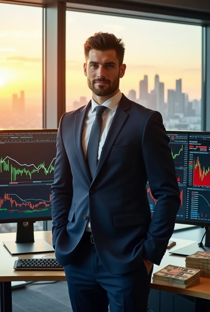 Make a picture of a businessman in front of computers with graphs and money on the table