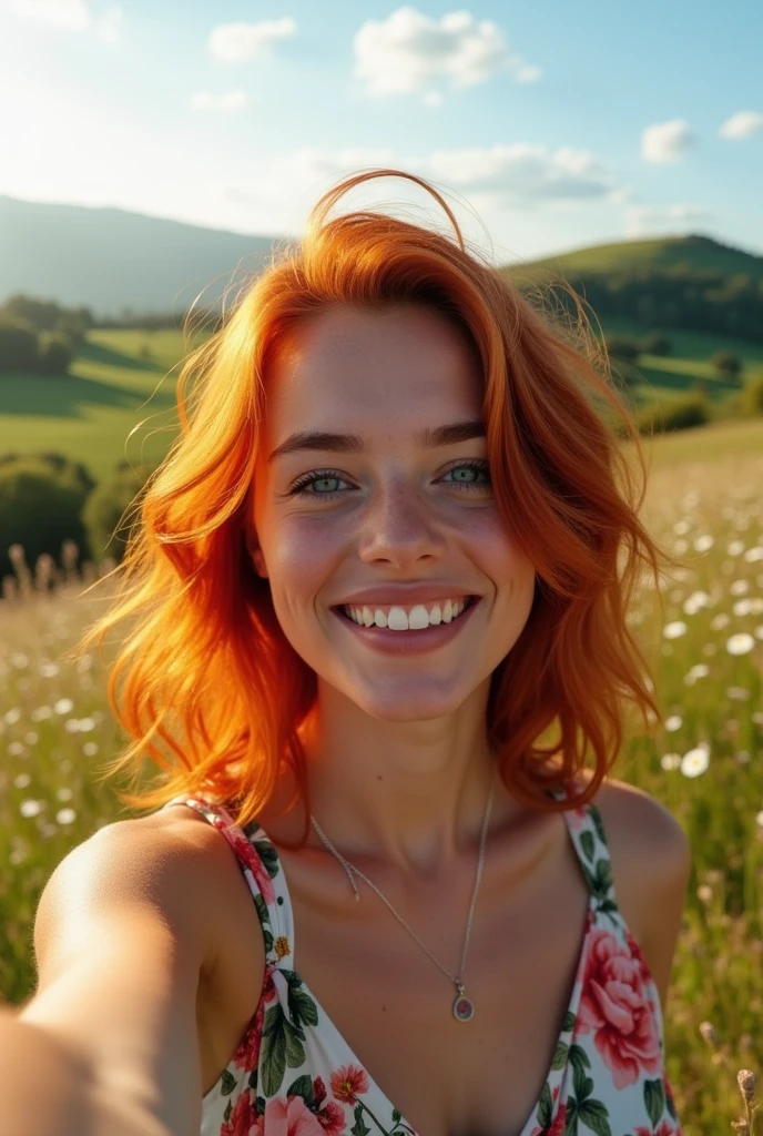 A woman from Europe, age 25, redheadwear, long hair just below the shoulders, white, blue colored eyes, medium red mouth, small-nose, medium bust, Waist slender, wide hip, paisaje, facing the front, Selfie