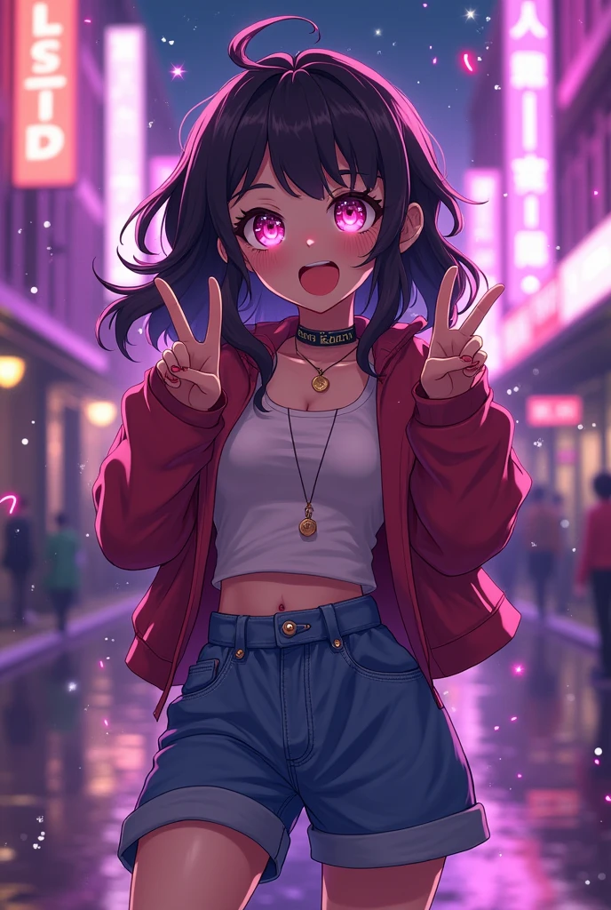 cute anime character girl, sticking tongue out, showing peace sign, messy wavy long hair, brown skin, heart-shaped pupils, choker, wearing loose baggy hip-hop fashion, attractive and seductive face, make-up, superlative body proportion, background purple neon streets, notes effects, star effects, heart effects, glitter effects, 2.5D, delicate and dynamic, graphic CG digital art