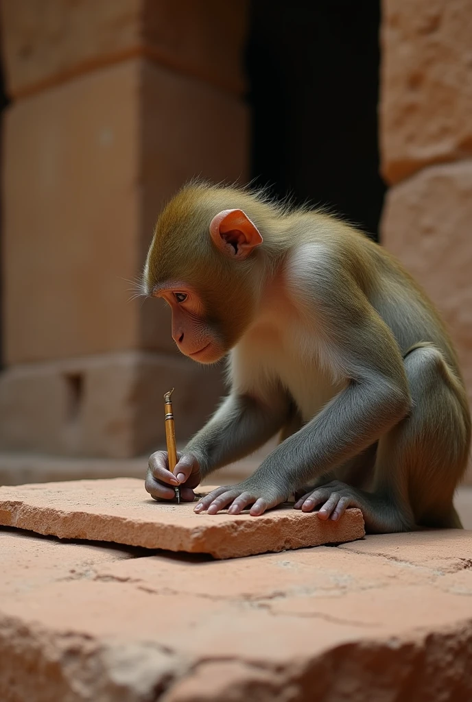 A monkey writing on an ancient clay accounting tablet