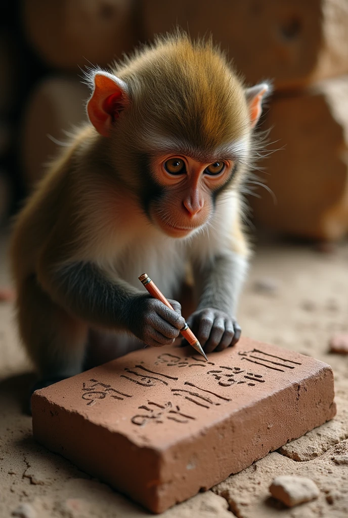 A monkey writing on an ancient clay accounting tablet