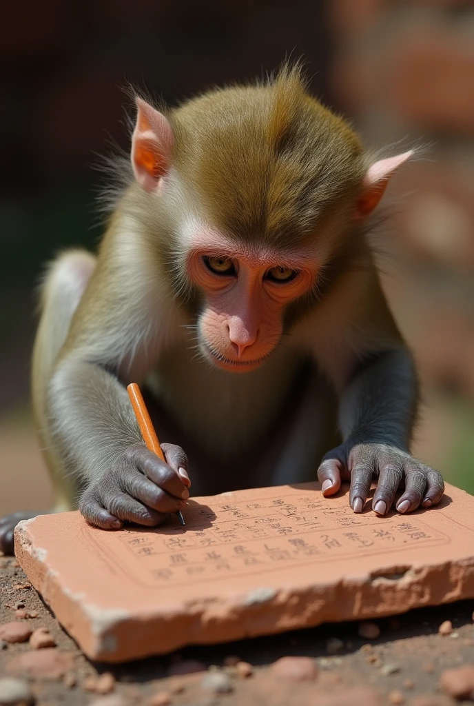 A monkey writing on an ancient clay accounting tablet