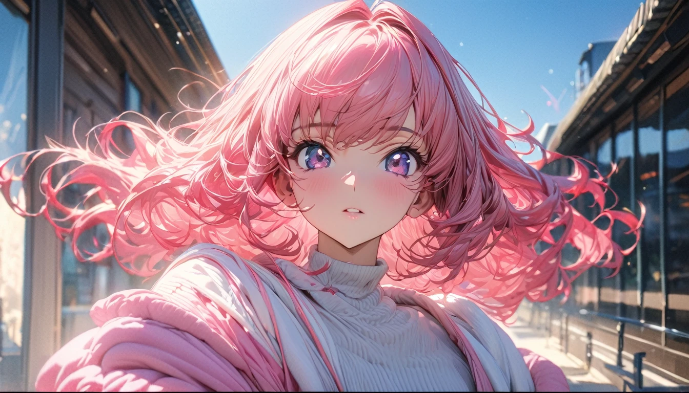 One person, adult, woman, Ultra-high resolution, 超detailed, Highest quality, 8k,((Highest quality)), ((masterpiece)), (detailed)，Face direction(front)，Hair Color(Bright pink，delicate hair texture), Hairstyle(Soft and fluffy,Shortcuts ), background(blue sky，morning)，eye(きれいなeye元), clothing(Comfortable clothing)，expression(Exquisite features depicting a perfect face)，Body Type(model，Naturally beautiful)，Perfect hands，完璧なwoman像, Dramatic Shadows，Cute pose，Anime characters, Code Geass,