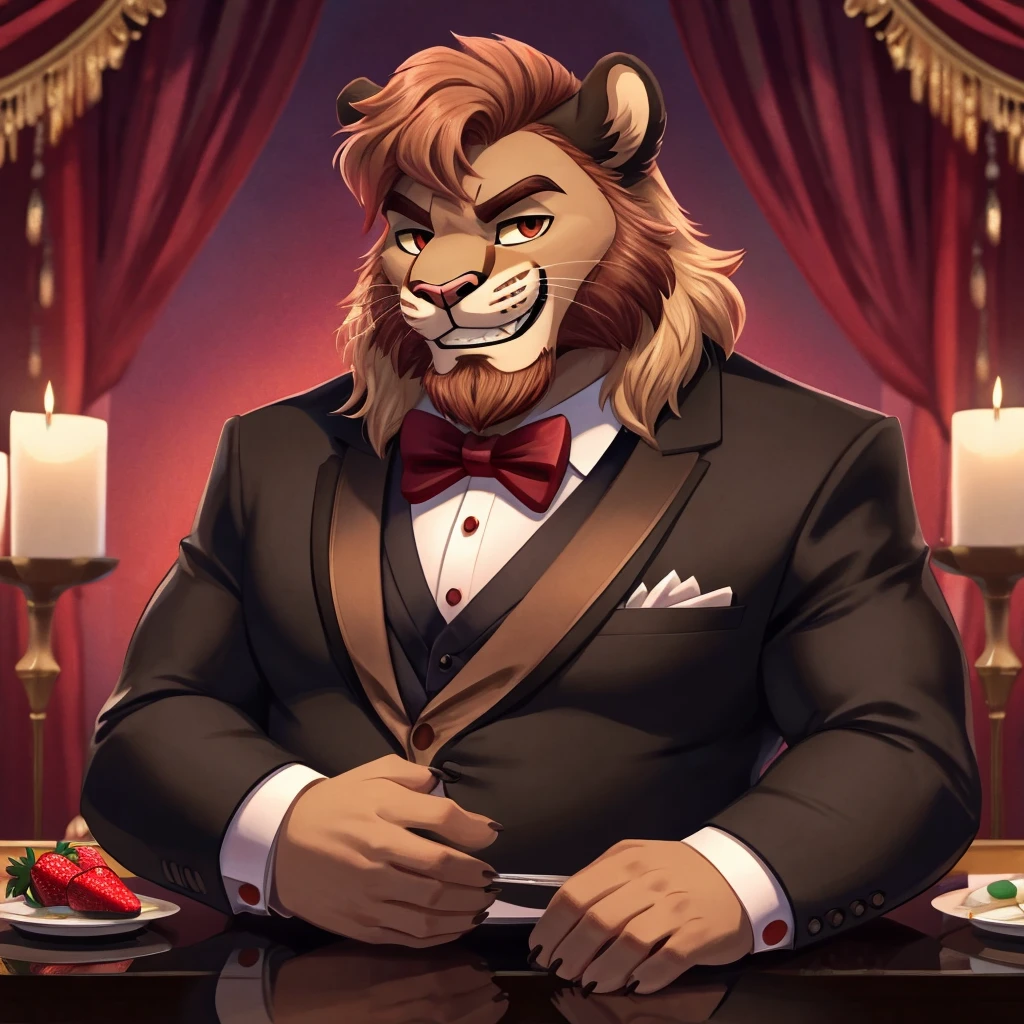 solo male semianthro mountain lion,strawberry blond mane,reddish blond beard,chubby soft body,daddy,spy tuxedo,medium stature,fancy dinner background,toothy grin