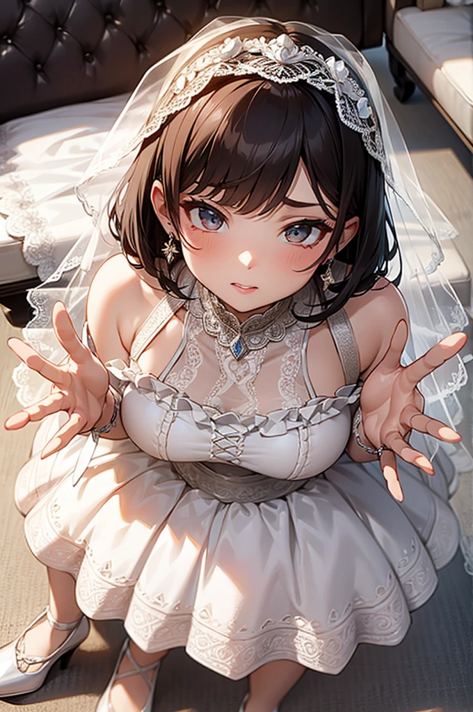 masterpiece, best quality, highres,1girl, pov, cupping hands, open mouth, teeth, uvula, cum on tongue, cum on hands, lower teeth, upper teeth, realistic teeth, close-up, ts3, side ponytail, white dress, blue gloves, bare shoulders,big breasts,frown,