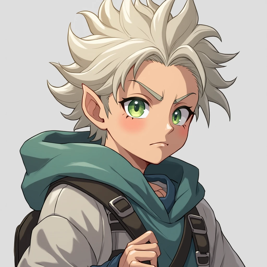 full body photo, serious face, Athletic, 25 year old Halfling, green colored eyes, blue scarf, white sweatshirt with green hood , Black boots, handbag, Anime Village saga, 4K, epic, Village saga.