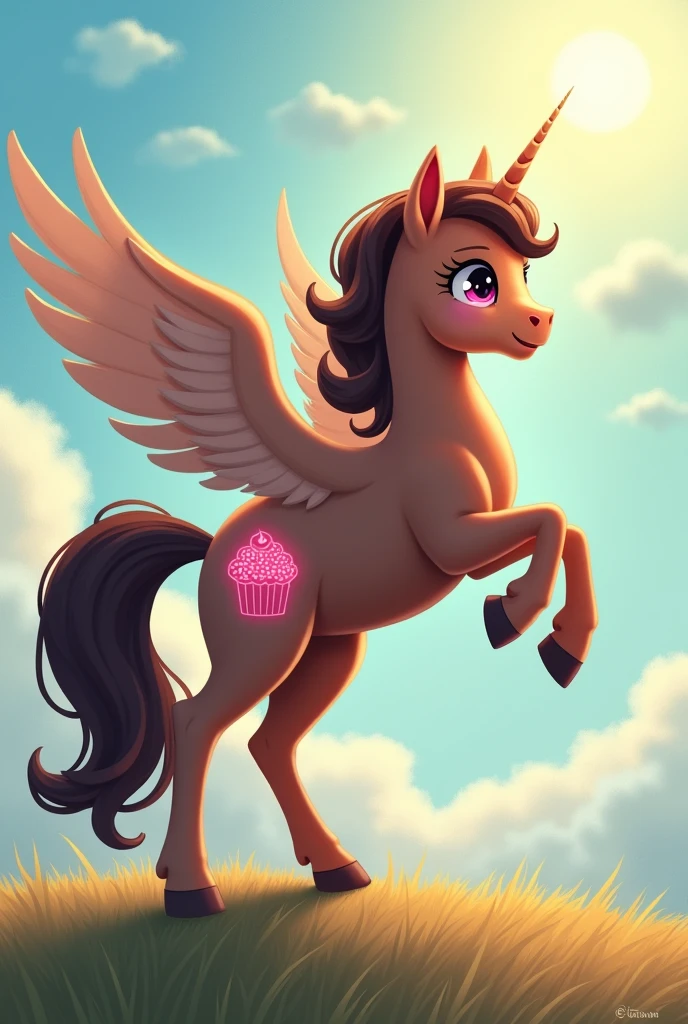 Pegasus pony, female, slightly dark brown skinned, with mane, black eyes and tails, e tem uma cutie Mark de cupcake cor de rosa.