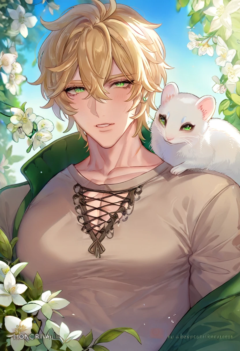 absurdres, highres, ultra detailed, HDR, master piece, best quality, extremely detailed, detailed eyes, Quincy, blonde hair, messy hair, hair between the eyes, expressive amber eyes, Nu Carnival, solo, sexy man, horny, lewd, handsome, fantasy, dark brown shirt with lacing exposing his chest, green jacket, spring, flowers, green leaves, magical forest, dark fantasy, blue sky, white cute small ferret on his shoulder