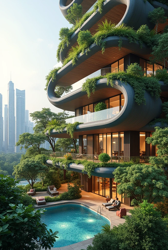 "Living Horizon" It is a housing complex that redefines the concept of luxury and urban well-being through an architecture that celebrates nature., Innovation and community. This project focuses on offering a unique living experience, where the integration of lush gardens and original amenities turns the space into an urban refuge that connects its residents with a green and sophisticated environment.   The heart of the "Living Horizon" It is an impressive garden suspended on the terrace of the building, a green oasis that unfolds on multiple levels, creating a landscape of native vegetation, flowers and small trees. This garden is intertwined with an infinity pool that seems to merge with the horizon, offering panoramic views of the city. Rest and reading areas are discreetly integrated among the foliage, providing a space for relaxation and meditation amidst the urban hustle and bustle.The entrance to the housing complex opens onto a **Multisensory Plaza**, a vibrant space designed to stimulate all the senses. This square combines interactive sculptures, Illuminated water fountains and ambient music that changes depending on the time of day and season of the year. Here, Residents can gather, celebrate events or simply enjoy the changing beauty of the space.