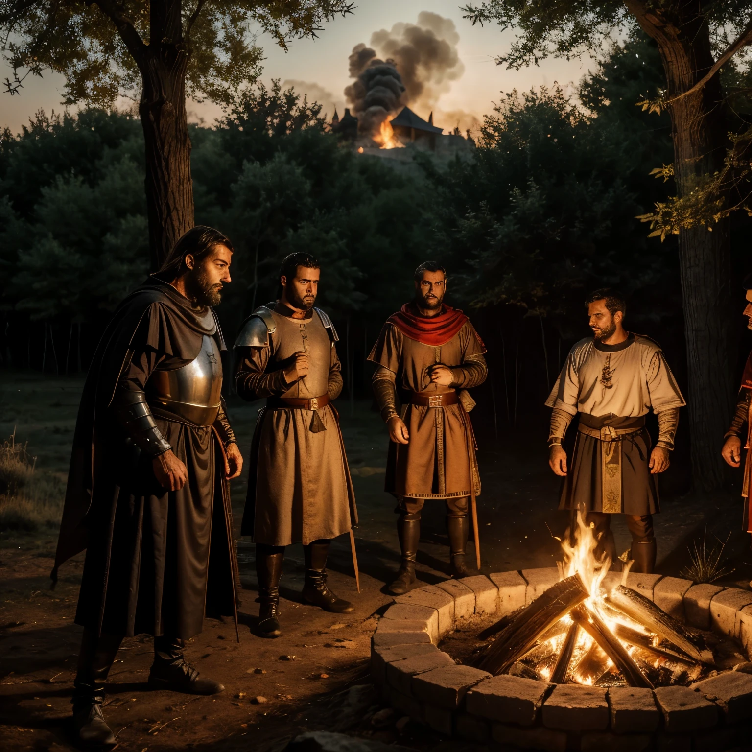 medieval portuguese templar knights around a fire, in the woods, at dusk