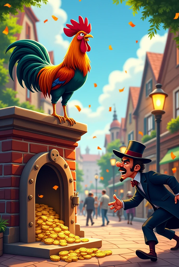Rooster with thief stealing bank