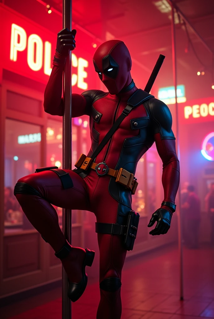 Deadpool doing pole dancing in a nightclub with red neon lights, hot male body, cinematic angle, best quality, masterpiece, perfect anatomy, highres, ultra-detailed, 8k, detail, unique, aesthetics, HDR, Photorealistic, Hyperrealistic, Hyperdetailed, analog style, soft lighting, subsurface scattering
