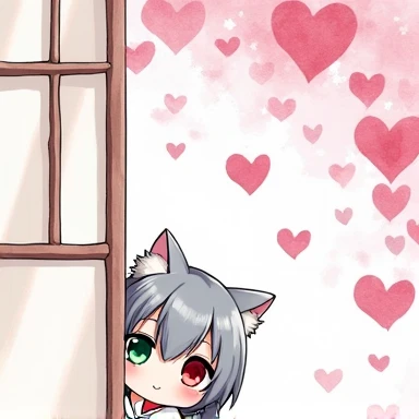 One Woman,Gray Hair,Cat ear,((Chibi Character)) Heterochromia iridis,Eye color,red,White kimono,Star Iris Background(Heart Background,Lots of hearts,pink,Watercolor style) Hiding in the wall,Enter your text in the bottom right corner of the fantasy image,A very popular font,