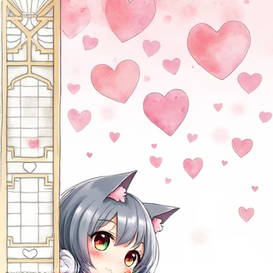 One Woman,Gray Hair,Cat ear,((Chibi Character)) Heterochromia iridis,Eye color,red,White kimono,Star Iris Background(Heart Background,Lots of hearts,pink,Watercolor style) Hiding in the wall,Enter your text in the bottom right corner of the fantasy image,A very popular font,
