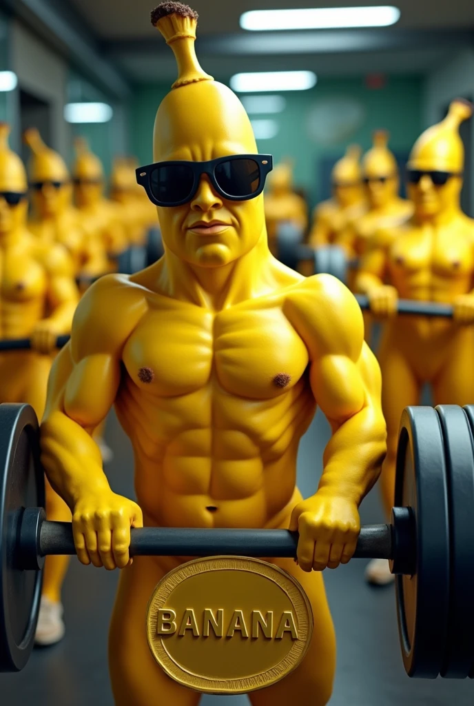 Banana shaped like an athletic man lifting weights very hard and wearing dark glasses on his chest the name BANANA inside a coin, surrounded by bananas athletic females admiring the weightlifter.
