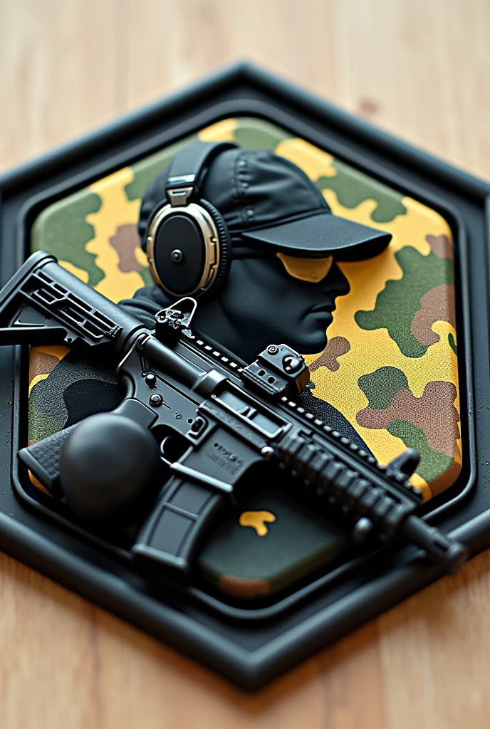 Hexagonal rubber patch , Airsoft crest , with the name Lukinha airsoft using m4 rifle weapon , Camouflage background, operador Airsoft headfone