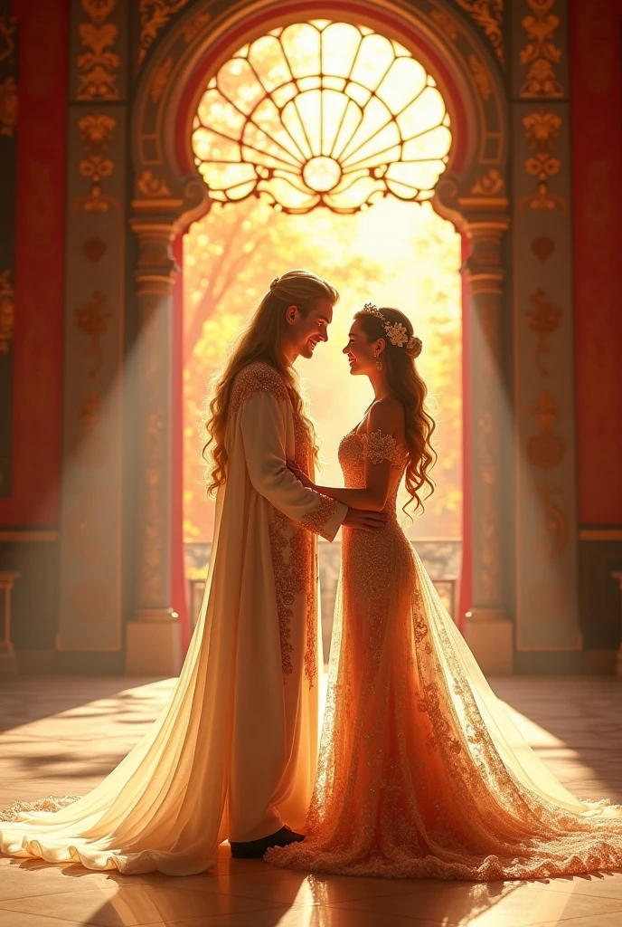 Engagement announcement (no wedding) of a princess, a blonde girl, and a man with long golden hair in the phoenix palace