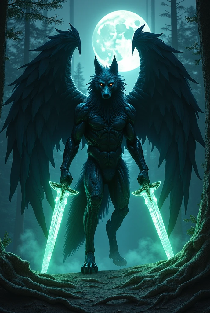 Make the image of a werewolf made of obsidian that has large obsidian wings that is holding two huge swords of fluorescent jade that shine in a dark night as realistic as possible.