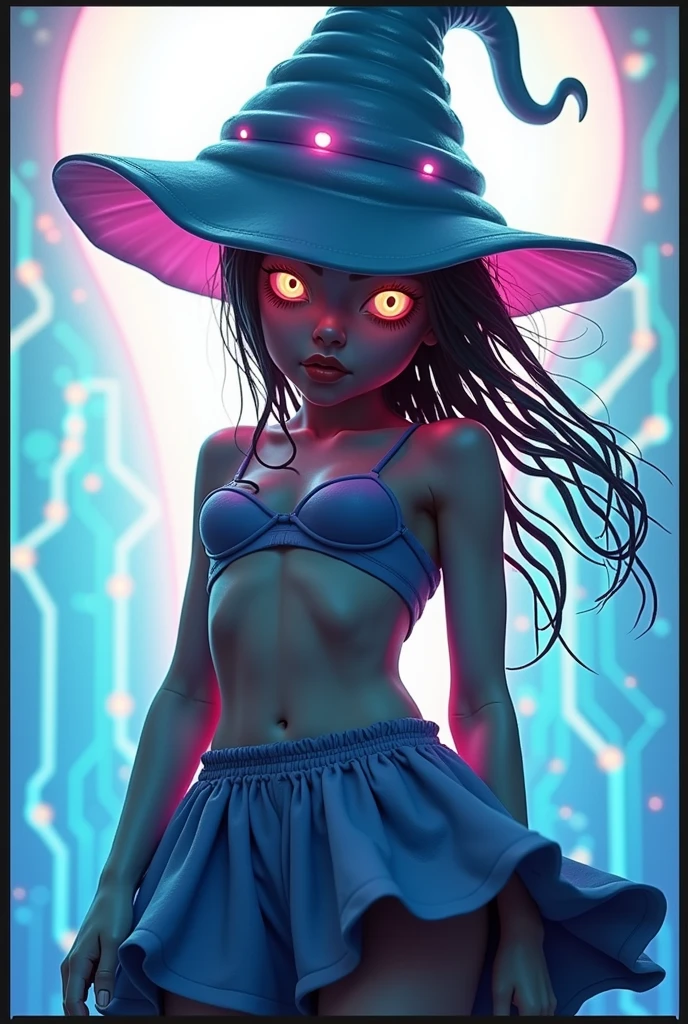 (霓虹Light bulb),circuit board,colored nipples,cores luminescentes,Light bulb,Kizi,looking at the camera,slime Kizi,Flowy shorts,towards the wall,grandes olhos redondos,enchanting,(ultra HD, work of art, precise, anatomically correcte, texturized skin, high détail, high qualiy, The awardee, 8k)