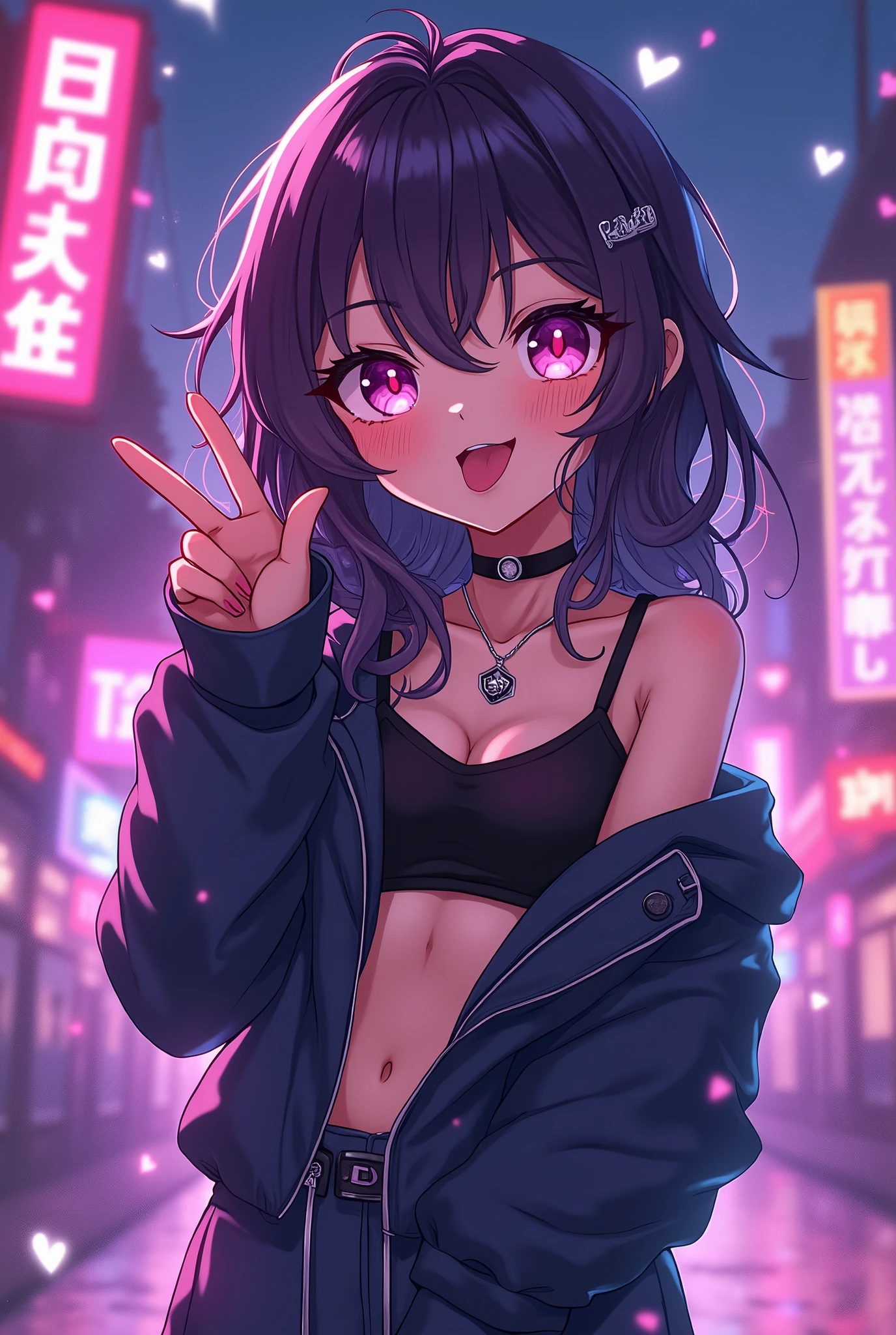 cute anime character girl, sticking tongue out, showing peace sign, messy wavy long hair, brown skin, heart-shaped pupils, choker, wearing loose baggy hip-hop fashion, attractive and seductive face, make-up, superlative body proportion, background purple neon streets, notes effects, star effects, heart effects, glitter effects, 2.5D, delicate and dynamic, graphic CG digital art