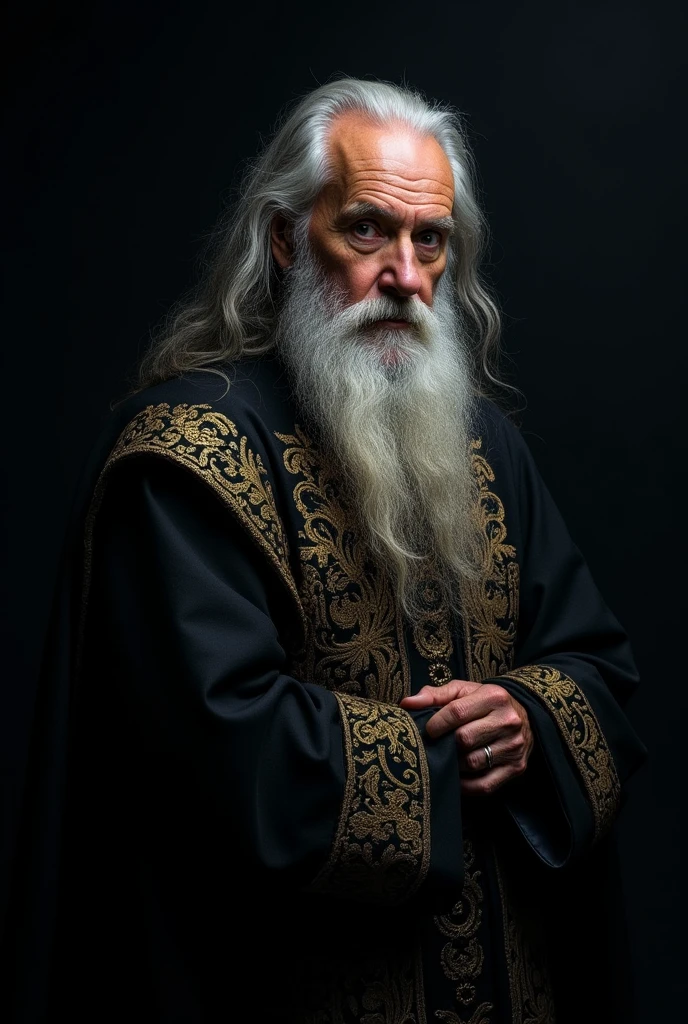 The image features a man with a long, gray beard and hair, wearing what appears to be historical or fantasy attire. He is gazing off to the side with a serious expression on his face. His clothing includes a dark robe with intricate detailing, suggesting a character of importance or status. The background is black, which contrasts with the man's figure and makes him the focal point of the image. There are no texts visible in the image.