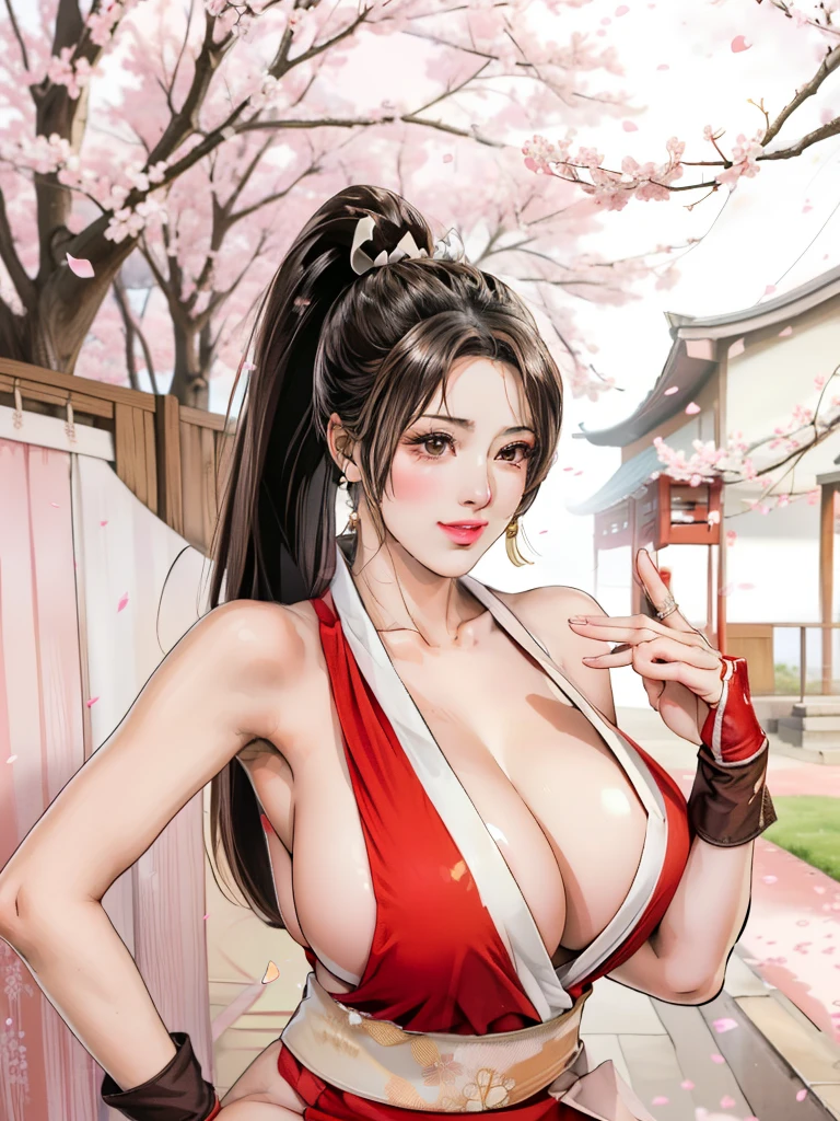 Japanese Beauty，Cherry Blossoms，Petals are just beginning to fall, In a park rich in nature、plant, (((Sexy姿势的杰作))), ((best quality)), ((complicated)), ((Surrealism)), Mature woman, Mature woman, , Very detailed, shape, mai Shiranui, ((Huge breasts)), Perfect hands, Finger details, beautiful eyes, ponytail，Brown eyes, (mai Shiranui suits:1.2),  earrings, Long detailed background, Perfect eyes, Charming eyes, Looking at the audience,  Rosy cheeks，Sexy，Cleavage，cute，Smile，beauty