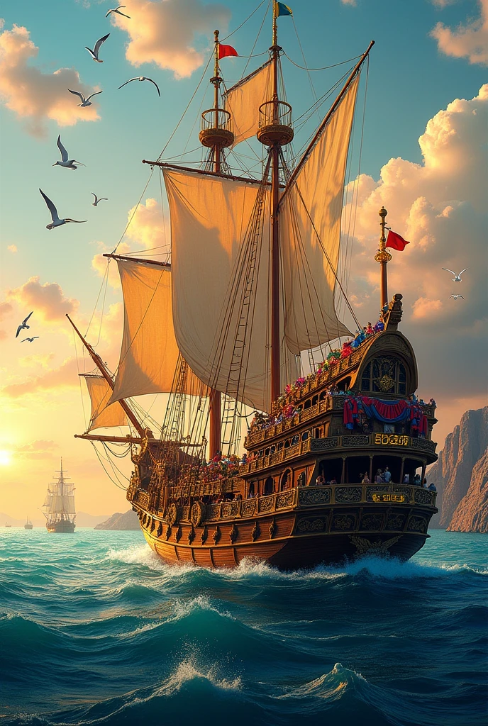 creates an image of a ship loaded with gold and merchandise