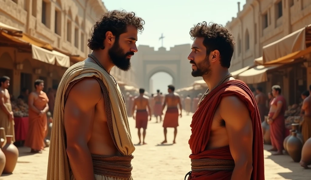 Representation of two people, both men, talking in the time of 200 BC.