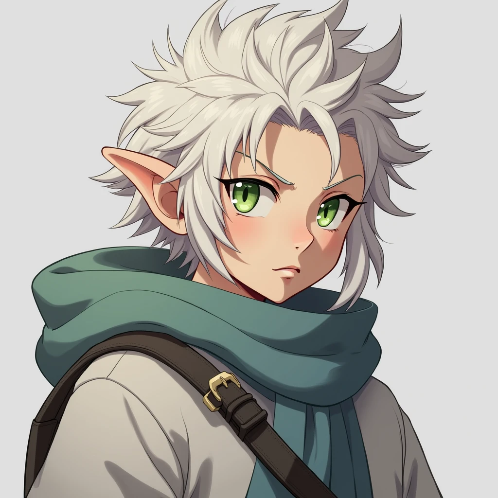 full body photo, serious face, Athletic, 31 year old Halfling, green colored eyes, blue scarf, white sweatshirt with green hood , Black boots, handbag, Anime Village saga, 4K, epic, Village saga.