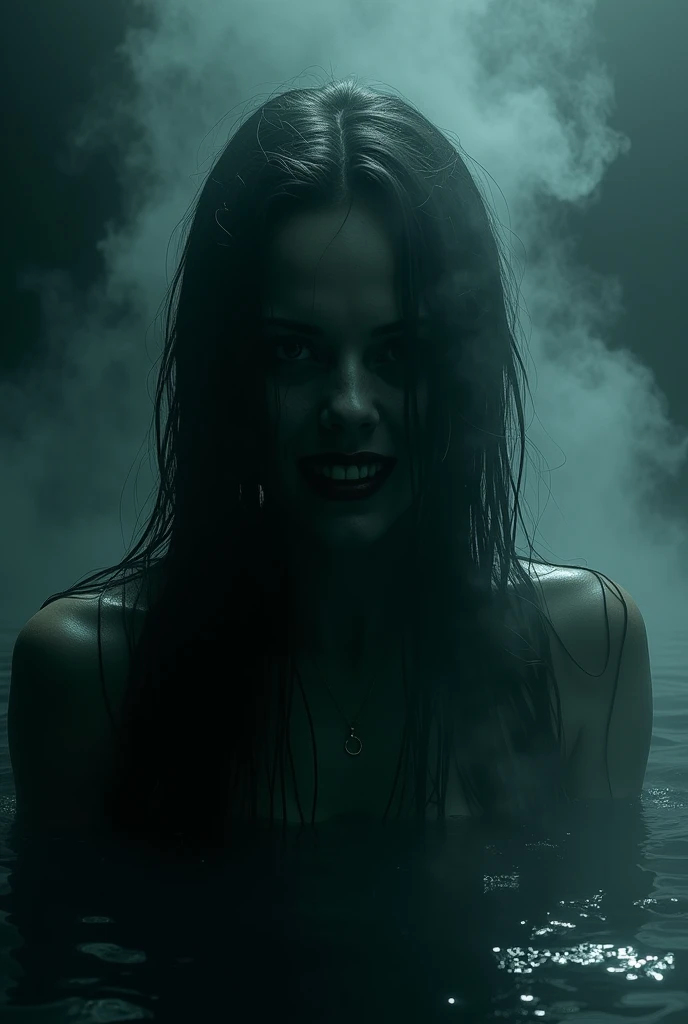 Photorealism 1.4 realistic  women came out from the water face covered with hair scary face dark background  fake smile smoke effect low light 