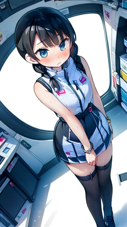 (Highest quality), (masterpiece), 1080P, High resolution, 4K, 8k, Inside the space station、Futuristic room、Thigh straps, Shooting from directly below, The woman on top of me, 白いSweat, Covered , Sweat, Woman looking down, Skirt swimsuit, Thigh-high socks, To achieve this, , , whole body, Black leather shoes, Braided hair, Inner Color, Embarrassed face, Short black hair, bracelet, Bedroom,celestial body_Vest
