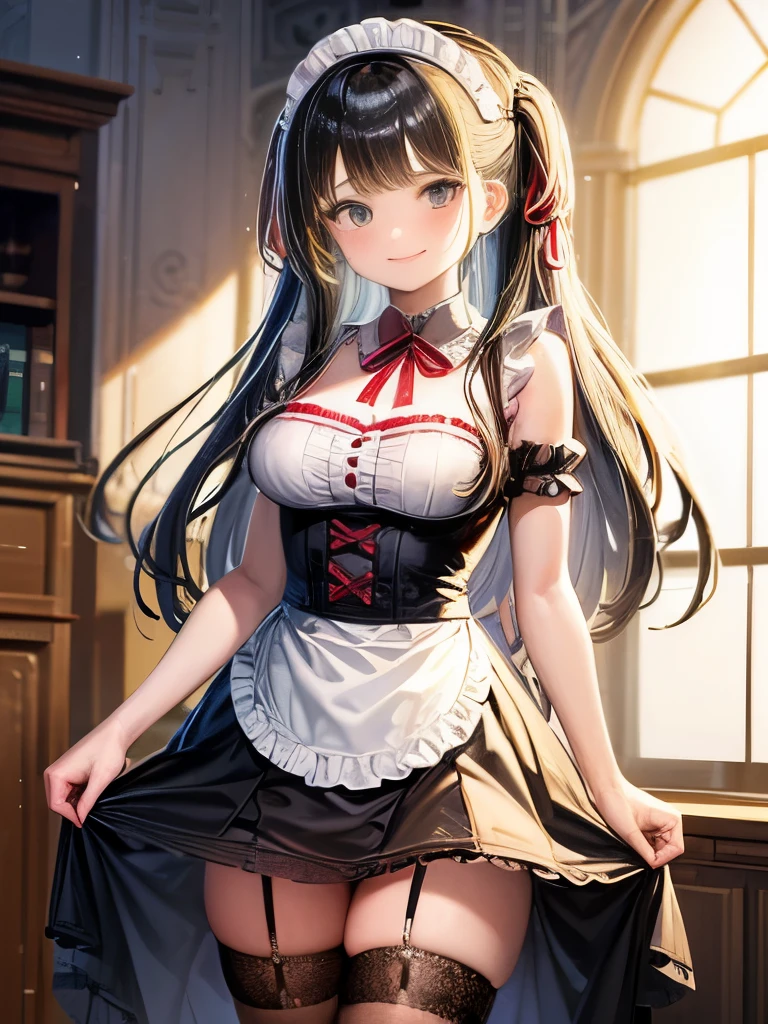 masterpiece, Highest quality, High resolution, Delicate depiction,, Greedy Girl, maid dress, chest, Red ribbon, Blunt bangs, large chest, Cowboy Shot, smile, indoor, Sexy pose, chestを出して, maid, Meidofuku, black maid dress, Flawless, maid, Flawless,mini skirt, Garter Straps, stockings, lure, Hollow Eyes,