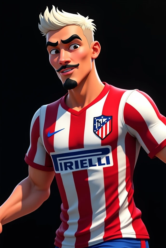 Make an animated football player with the Atlético de Madrid 24 jersey/25, young brazilian with white hair short haircut, Brazilian player, with a black background and with a goatee and mustache