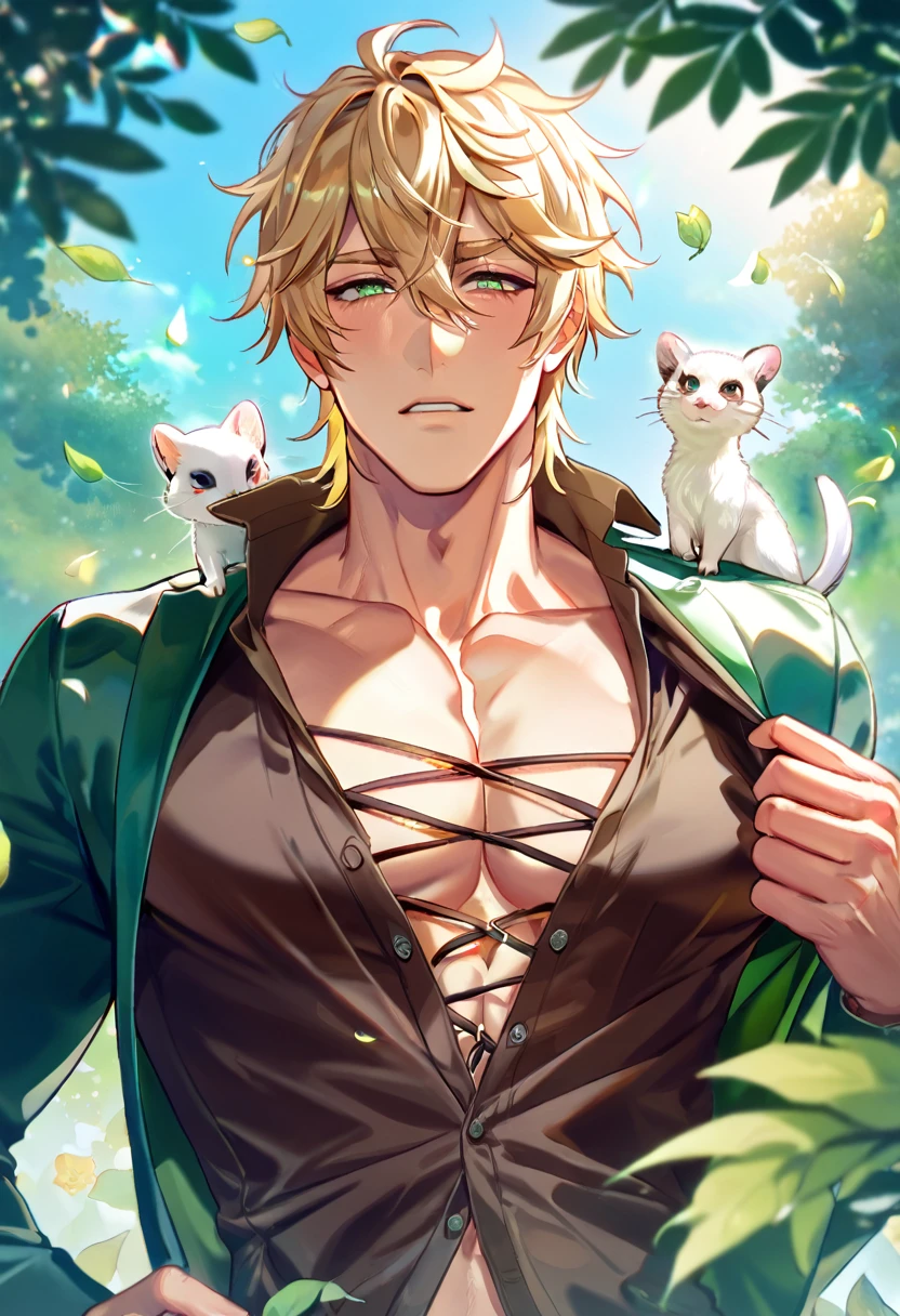 absurdres, highres, ultra detailed, HDR, master piece, best quality, extremely detailed, detailed eyes, Quincy, blonde hair, messy hair, hair between the eyes, expressive amber eyes, Nu Carnival, solo, sexy man, manly man, horny, lewd, handsome, fantasy, dark brown shirt with lacing exposing his chest, green jacket, spring, flowers, green leaves, magical forest, dark fantasy, blue sky, white cute small ferret on his shoulder