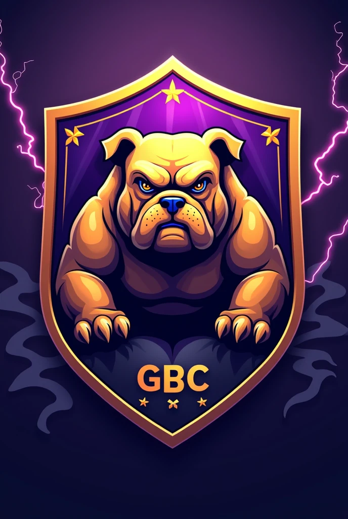 Create a shield for a football team called Barbalho GBC in Portuguese, purple and gold colors, bulldog
