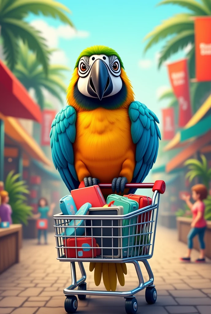 A mascot for an e-commerce store, the mascot is a macaw