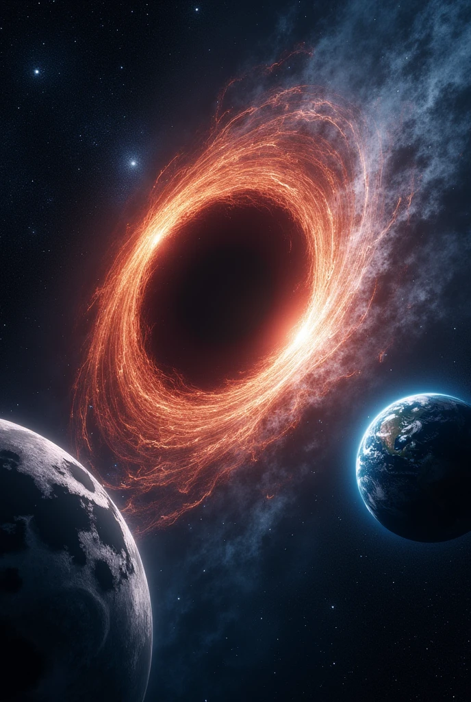 Black hole seen through a telescope. I wanted the moon to appear on the left side and the earth on the right side.