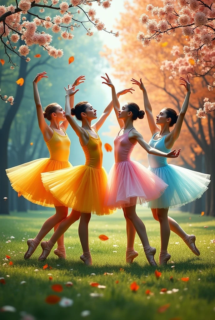 Create 4 ballet dancers that represent the 4 seasons of the year. summer, yellow; spring, rosado; autumn, orange; and winter, white